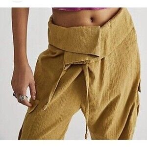 Free People Fold Over Cargo Pants Size M Bronze Tan Utility Boho High Rise